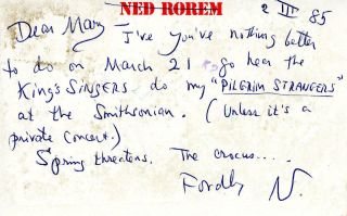 S1319.  Ned Rorem,  Composer,  Autographed Signed Hand Written Note On Personal St