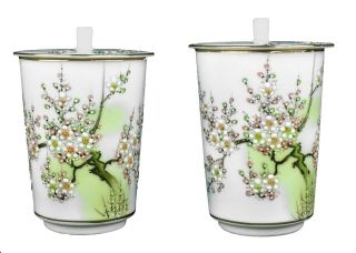 Vintage Iwano Hand Painted Cherry Blossom Porcelain Lidded Jars Japan Gold Trim