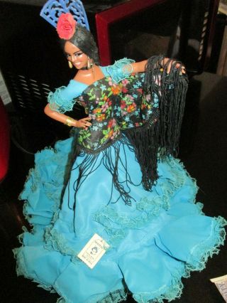 13 1/2 " Marin Chiclana Spanish Dancer Doll Turquoise Lace Dress Made In Spain