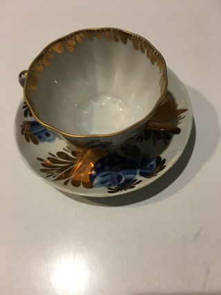 Vintage Imperial Russian Lomonosov Lfz Porcelain Blue Gold Tea Cup & Saucer Set