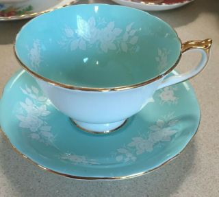 Vintage Aynsley England Turquoise & White Roses Tea Cup Saucer