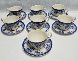 Myott Staffordshire England Chelsea Garden Blue White Set Of 7 Cups And Saucers