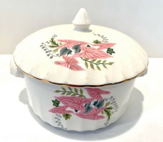 W.  S.  George China Pink Caladiums Covered Vegetable Dish W/gold Trim 8 1/2”x 6”