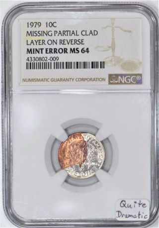 1979 Roosevelt Dime Missing Partial Clad Layer Reverse Error Ngc Ms - 64