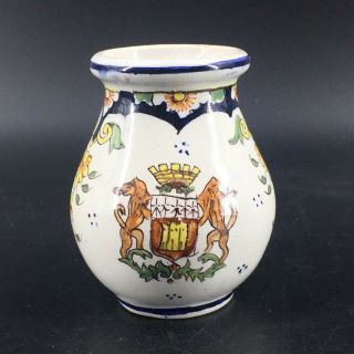 French Faience Hand Painted Pottery Lions Coat Of Arms Crest Jar Vase Dinan Sign