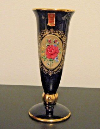 Vtg Halbach Geschenke Echt Kobalt Porcelain Vase Pink Rose Gold Trim 7 " H Germany