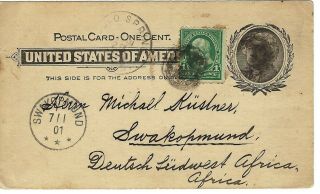 1901 Usa Postal Card Uprated To Swakopmund German Southwest Africa - Scarce