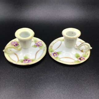 Vintage Nippon Set Of Chamber Stick Candle Holders Hand Painted Purple Flowers