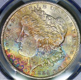 1884 - O Morgan Dollar $1 Pcgs Ms62 - Rainbow Textile Toning