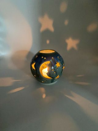 Studio Art Pottery Candle Holder Blue Moon & Stars Wheel Thrown Handmade Signed