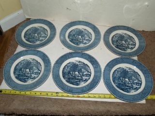 Vintage Currier And Ives Royal China Set Of 6 10 " Dinner Plates - Old Grist Mill