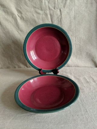 Set Of 2 Denby Harlequin Rimmed Soup Cereal Bowls Inner Red & Green 8 3/8 "