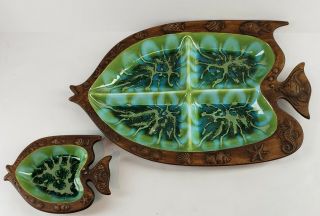 Two Vintage Treasure Craft Usa 390 Fish Trays Dishes Green Brown Mid Century