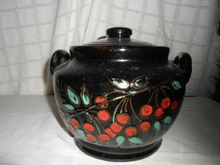 Vintage Stoneware Bean Pot Cookie Jar W/cherry Design