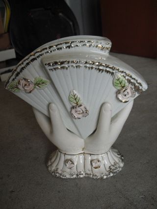 Vintage Japan Ceramic Two Hands Holding Fan Figural Vase 7 " Tall