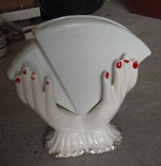 Vintage Japan Ceramic Two Hands Holding Fan Figural Vase 7 
