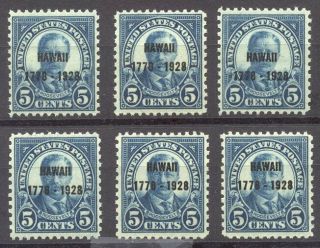U.  S.  648 Nh (x6) - 1928 5c Hawaii ($129)