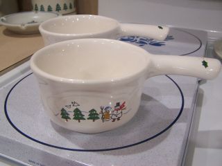 2 Chili Bowls W/ Stick Handle Pfaltzgraff Snow Village