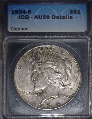 1934 - S Peace Silver Dollar Icg Au50,  Key Date,  Only Issue Is Cleaned Still