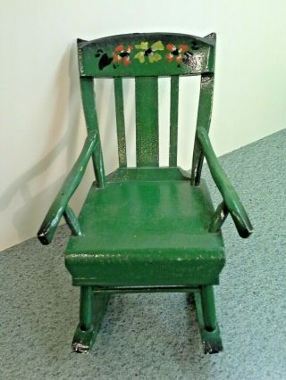 Unique Vintage Hand Painted Green Doll Teddy Bear Rocking Chair,  7 1/2 "