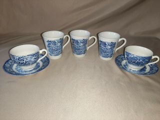 Set Of 5 Liberty Blue Staffordshire Moticello Design Coffee Cups/mugs & Saucers