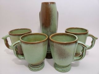 Frankoma Prairie Green Footed Mug Cup Coffee Tea C12 Set Of 4 & 43 Table Vase
