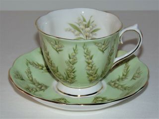 Royal Albert Teacup Saucer Set Fluted Shape Green Damask Lily Of The Valley
