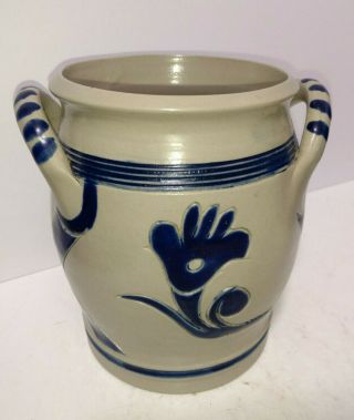 Williamsburg Restoration Stoneware Short Crock Salt Glaze Cobalt Blue Handles