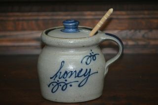 Rowe Pottery Honey Pot – 1994 Salt Glazed Cobalt Stoneware - With Dipper