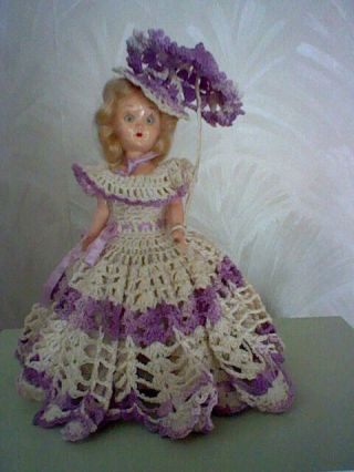 Vintage Jointed Doll In Crocheted Dress,  8” Purple Lavender Dress & Umbrella