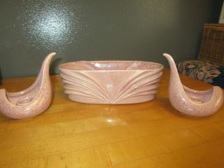 Vintage Red Wing Pottery Console Set Pink Speckled Bowl & Candle Holders M1479