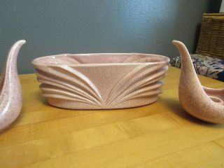 Vintage RED WING POTTERY Console Set Pink Speckled Bowl & candle Holders M1479 2