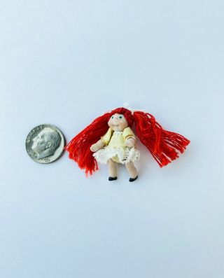 Dollhouse Miniature Handmade Cabbage Patch Doll 1:12 Scale Red Hair Yellow Dress