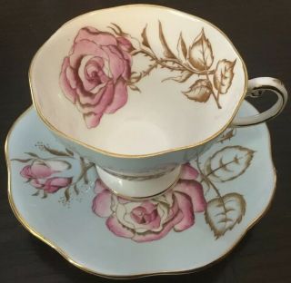Vintage Foley Pale Baby Blue Cup Saucer Cabbage Pink Rose Staffordshire England