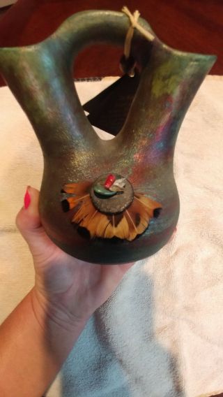 Raku Pottery Wedding Vase With Feathers & Gemstones Jeremy Diller 7.  5 Inches