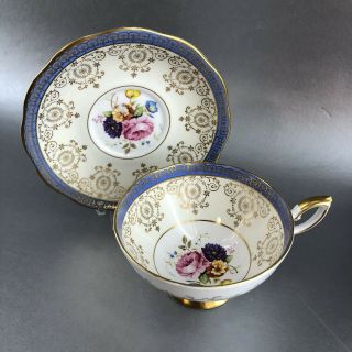 Vintage Royal Standard Blue Floral Bone China Teacup & Saucer Gold England