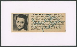 Dorothy Malone Autograph Cut | " Written On The Wind " & " Peyton Place " - Signed