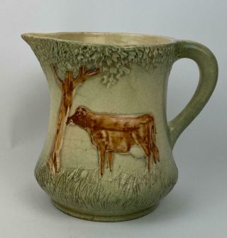 Rare Antique Early Roseville Stoneware Cow Pitcher Pottery Green & Yellow Ware