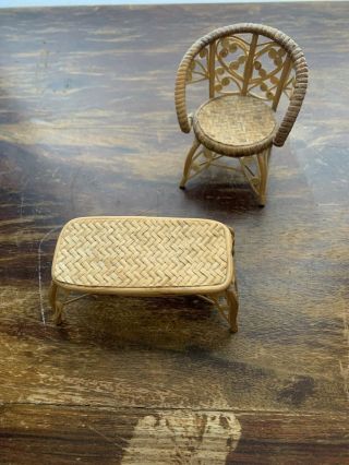 Doll Furniture Miniature Wicker Chair And Table Set Natural Dollhouse