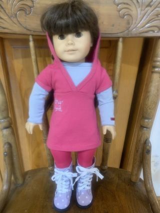 American Girl Doll Clothes Outfit.  Dress With Hood Tights Purple Pokka Dot Boots