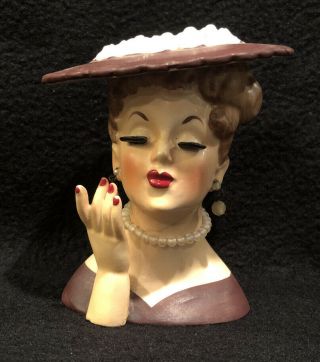 Vintage Lady Head Vase - Napco C 3343 B - Brown Hat W/ Pearl Earrings/necklace