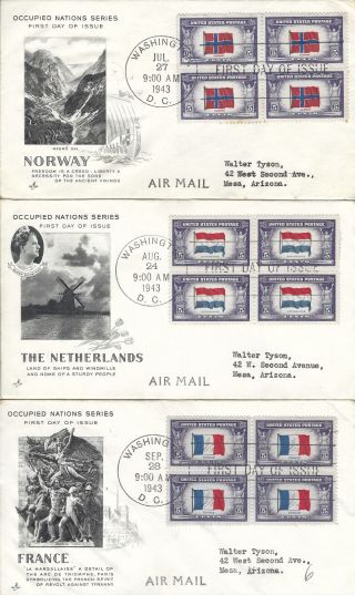 909/921 OVERRUN NATIONS FDC ' s 1943/4 - set of 13 Blocks of 4 2