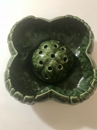 Vintage Green Glazed Van Briggle Acanthus Leaf Low Vase / Bowl And Flower Frog