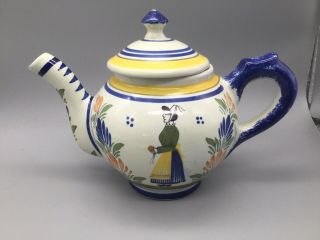 Henriot Quimper Faience Teapot W/ Breton & Floral Design