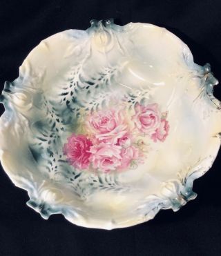 2 Rs Prussia Red Mark Porcelain Bowls Pink Roses Yellow Poppy Nutmeg
