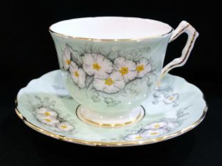 Aynsley Teacup And Saucer Green With White Flowers Vintage 1930 