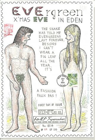 Adam & Eve Holiday Evergreen,  Hideaki Nakano Hand Colored H.  N.  Local Post Fdc