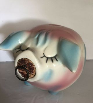 Vintage Hull Pottery 1957 Corky Pig Piggy Bank - Pink - Blue
