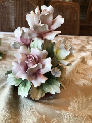 Capodimonte Large Vintage Rose Centerpiece Flower Vase Italy Pink & Yellow