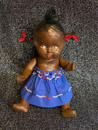 10” Vintage 1930’s Black Composition Baby Doll With Cute Side Braids